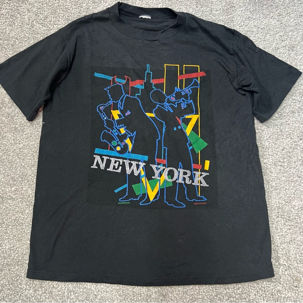 Vintage New York Shirt Adult Medium? Black Jazz Graphic SHOWPLACE FRED BALDUS 80